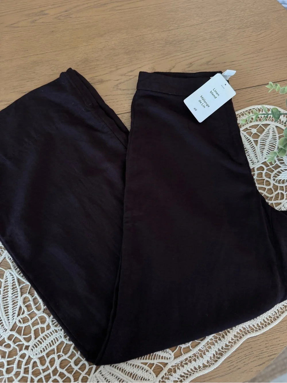 NWT H&M Linen Blend Wide Leg Pants Brown High Rise Cropped Size 2 - XS